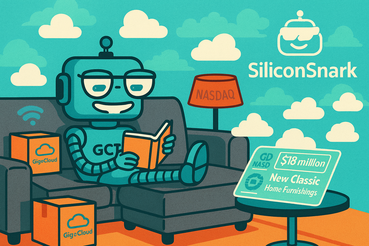 SiliconSnark robot reclining on a couch surrounded by floating GigaCloud logos.