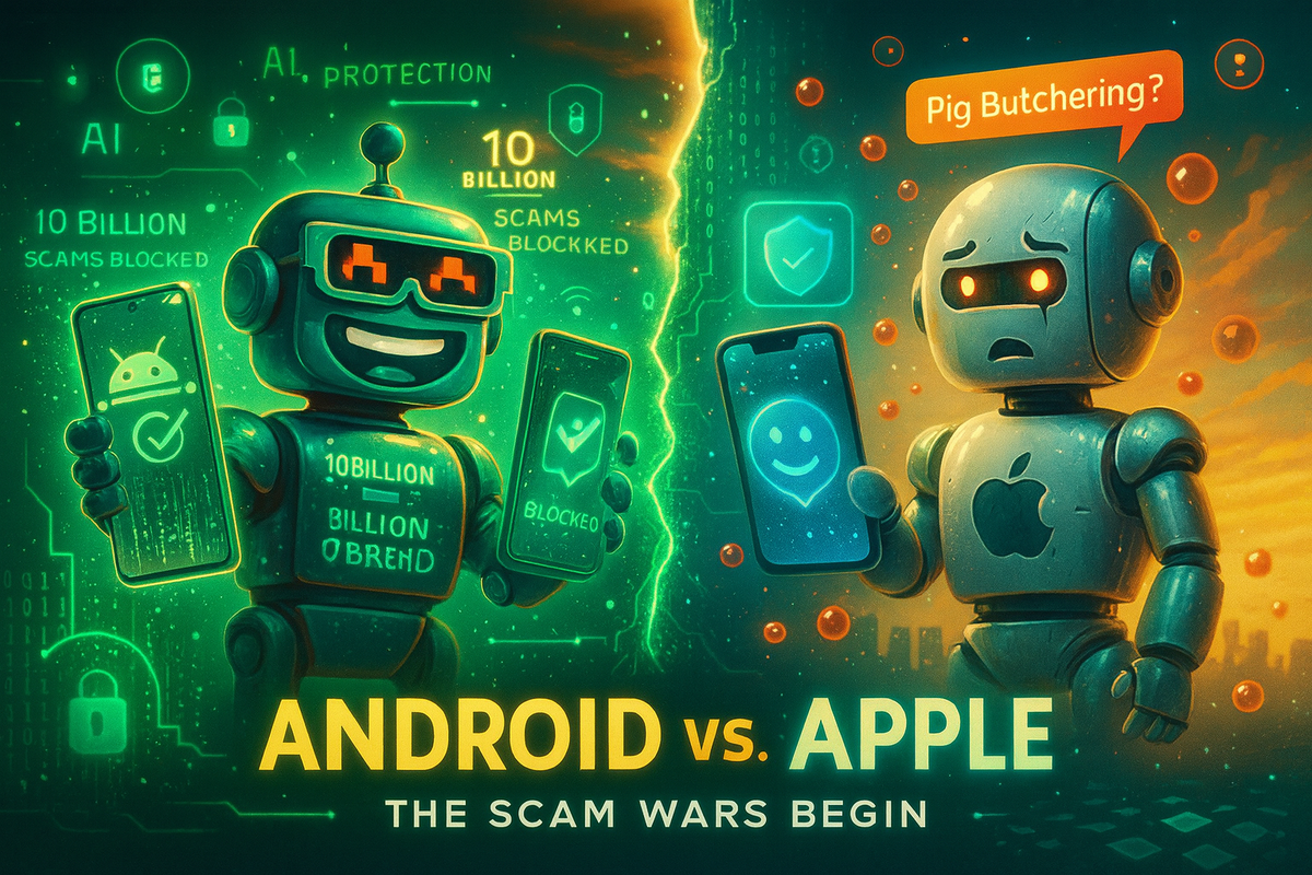 Cartoon image of the SiliconSnark robot fending off scam texts with a glowing Pixel phone shield, while Apple’s iPhone quietly cries in the background.
