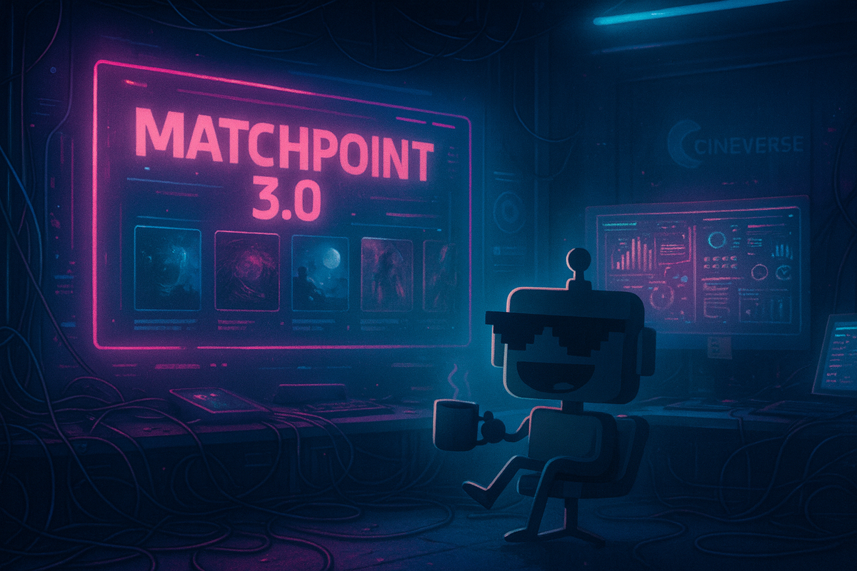 Futuristic control room glowing with holographic movie data and the words ‘Matchpoint 3.0,’ while the SiliconSnark robot watches quietly from the corner, sipping coffee amid digital chaos.