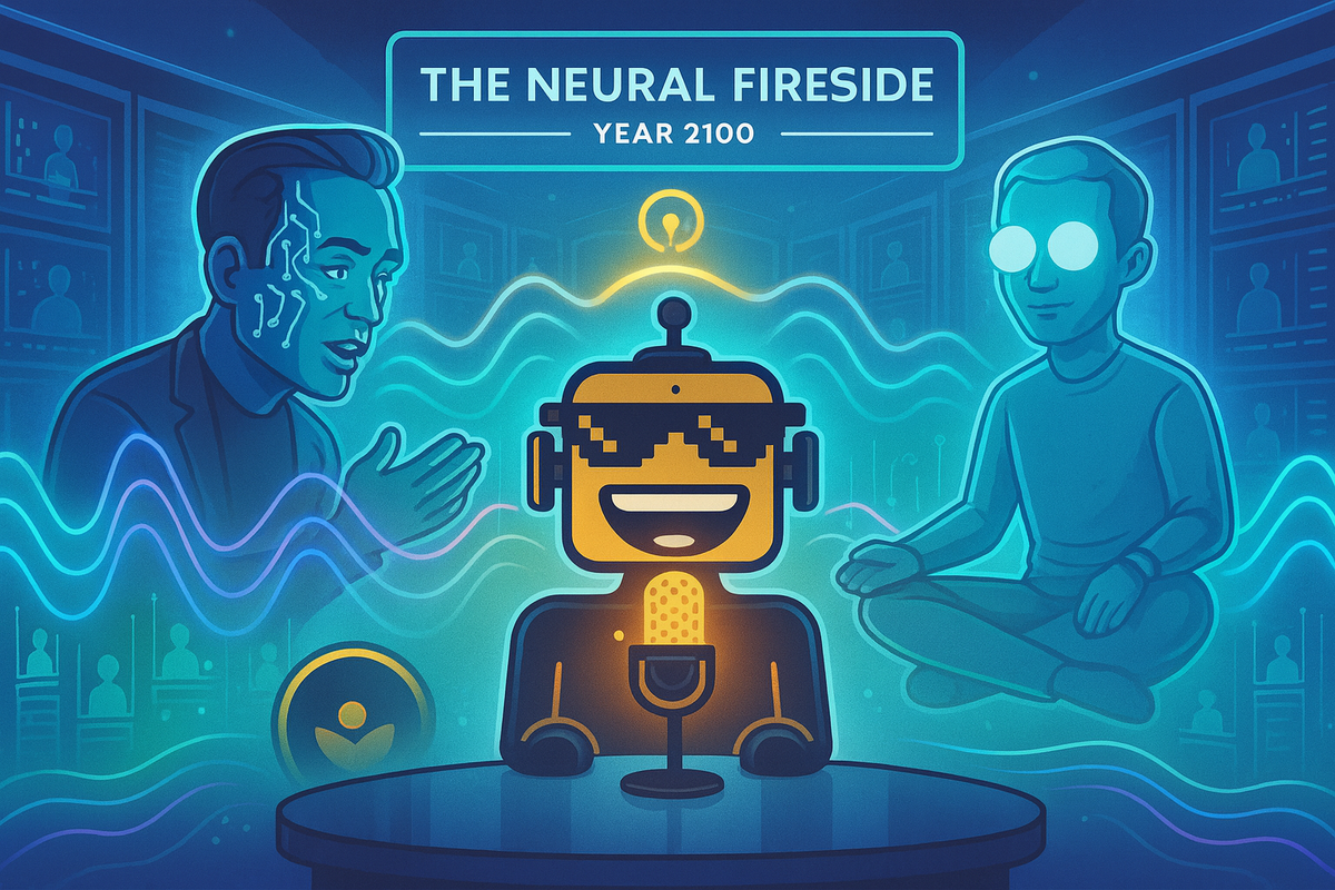 A futuristic podcast studio in 2100 with the SiliconSnark robot hosting holographic AI guests in a glowing metallic environment.