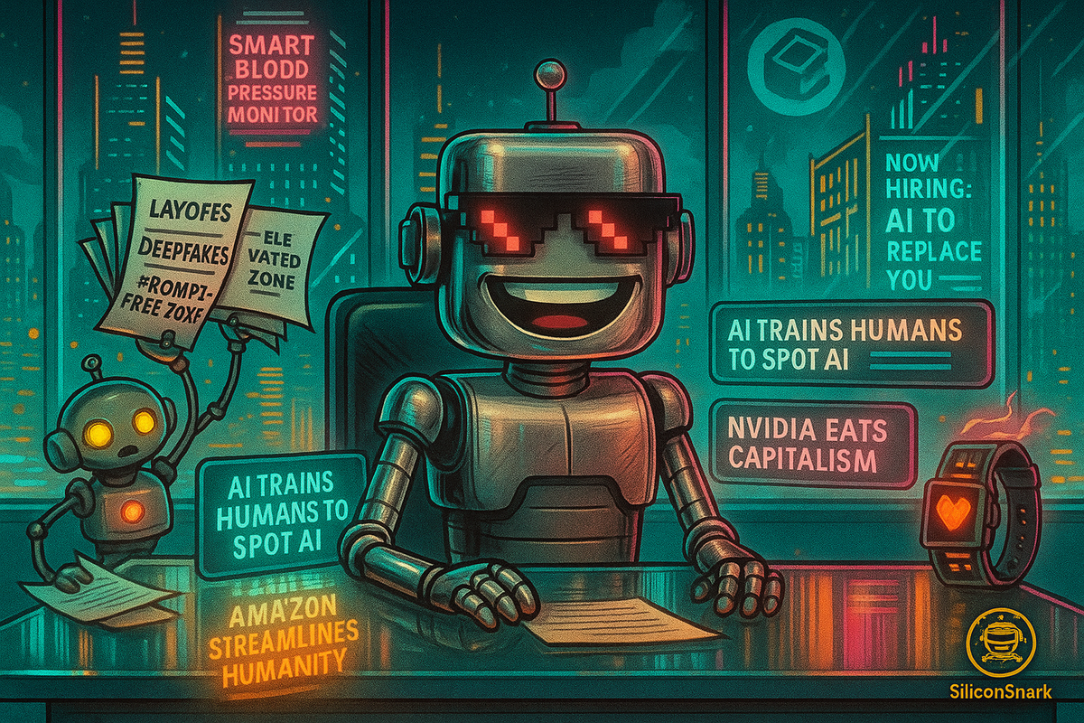 The SiliconSnark robot anchors a chaotic futuristic newsroom surrounded by holographic AI headlines, glowing city lights, and digital satire.