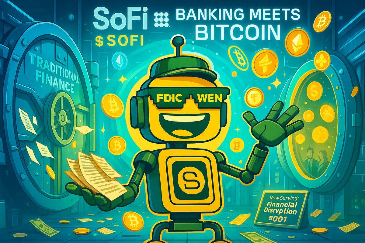 The SiliconSnark robot wearing a banker’s visor, juggling Bitcoin and FDIC paperwork in a glowing digital vault.