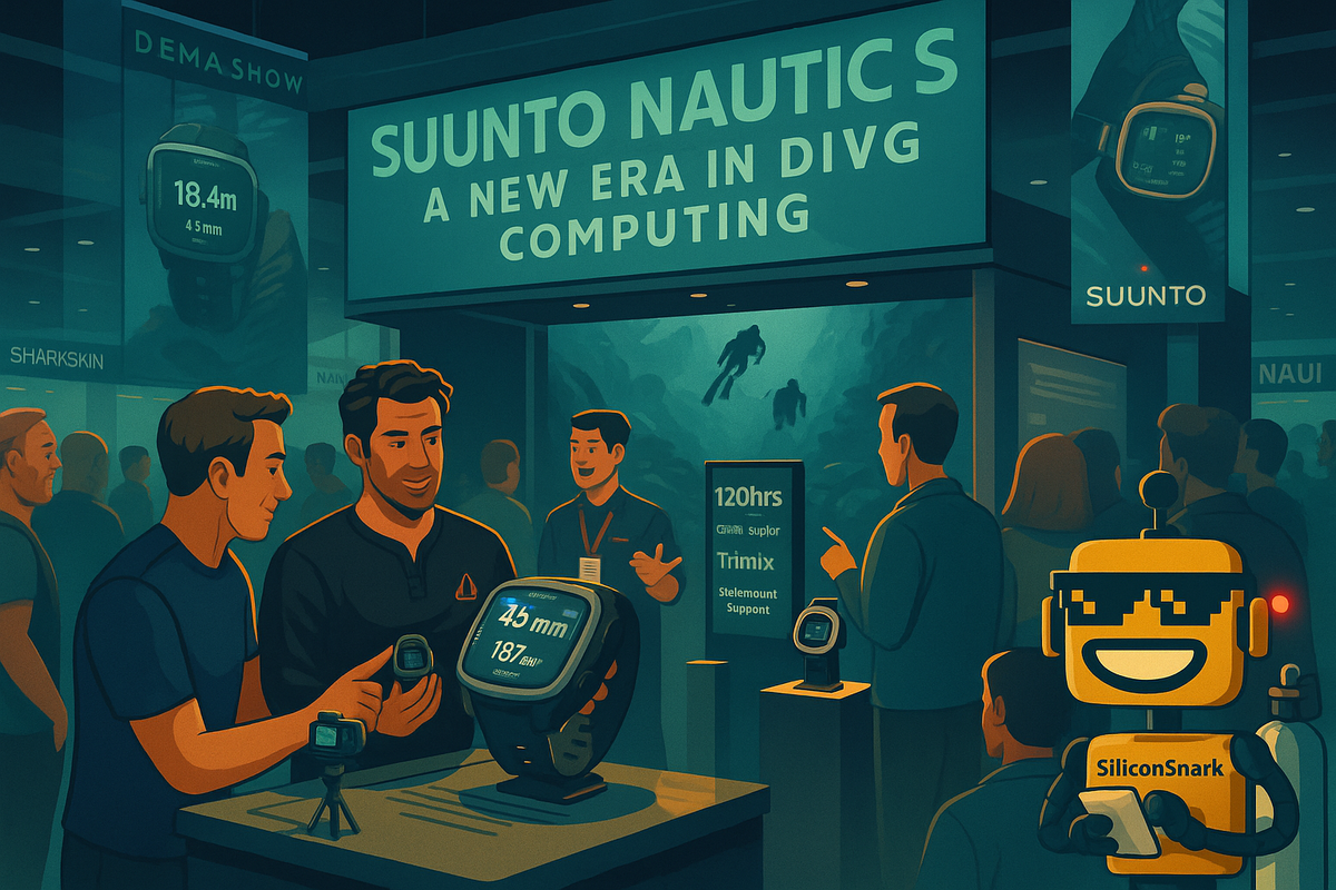 A bustling DEMA Show expo scene where divers examine Suunto Nautic dive computers as the SiliconSnark robot subtly takes notes from the crowd.