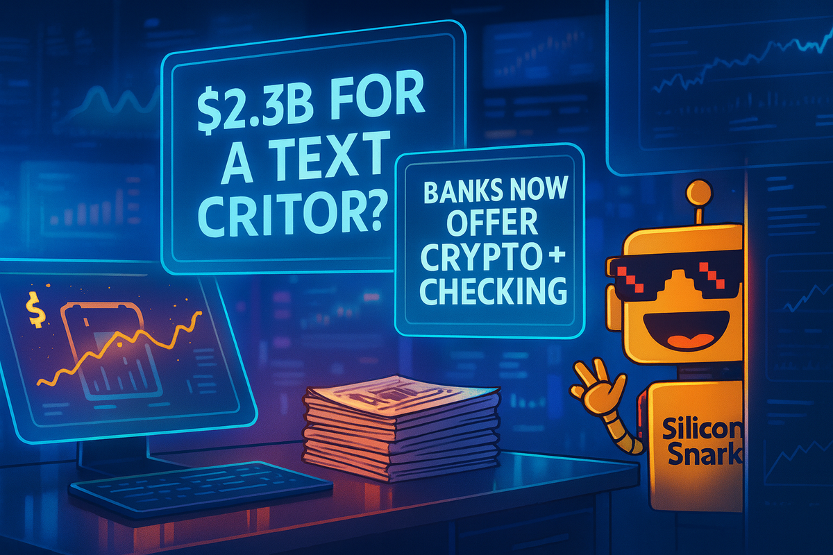 Futuristic newsroom with glowing holographic headlines and the SiliconSnark robot subtly waving from behind a screen.