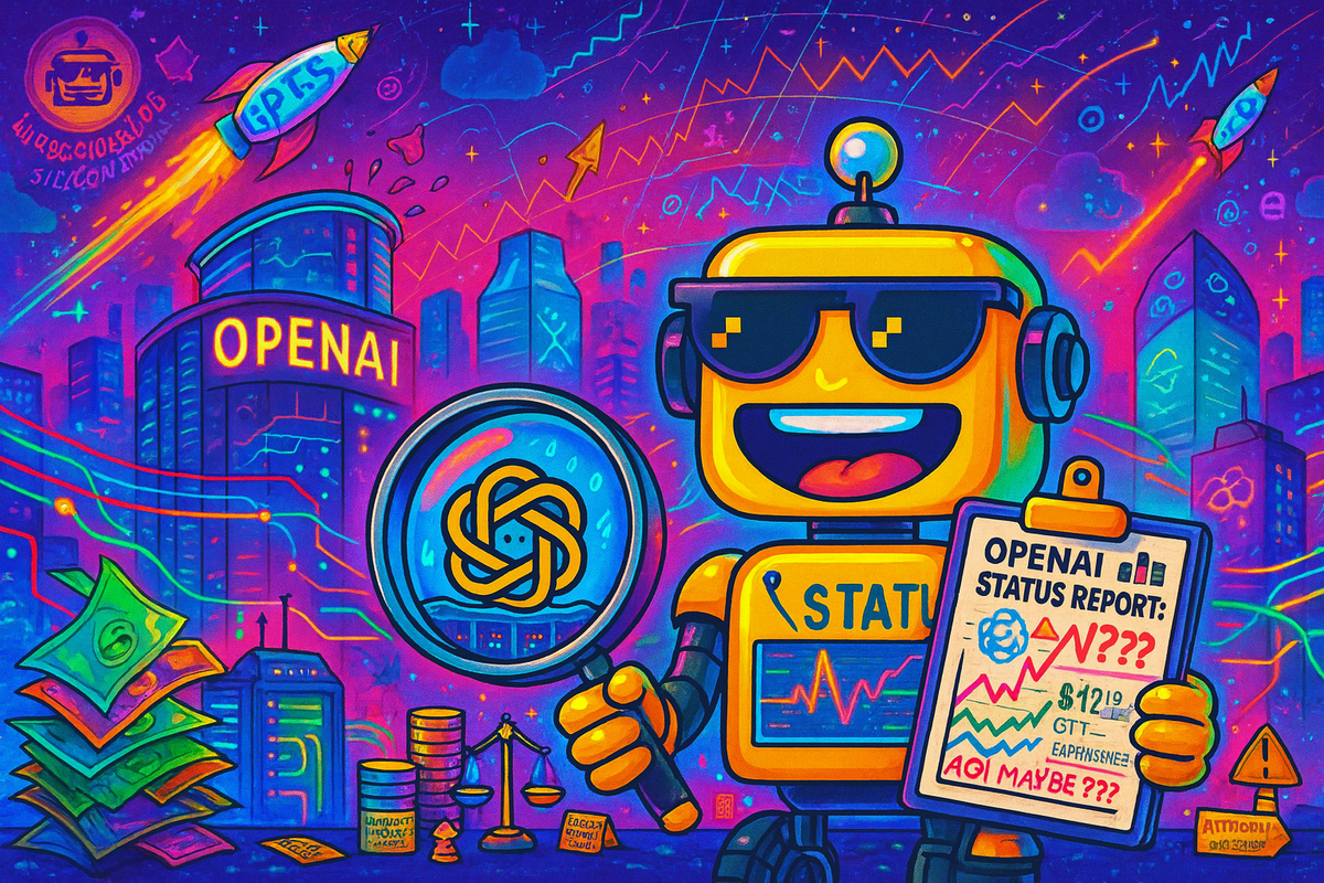 A neon-bright SiliconSnark robot inspects a sweating OpenAI logo in a chaotic futuristic AI cityscape.