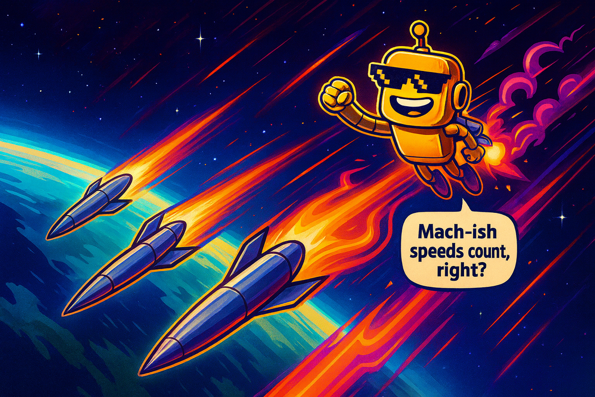 Illustration of Ursa Major hypersonic engines roaring past Earth with a subtle SiliconSnark robot cameo.