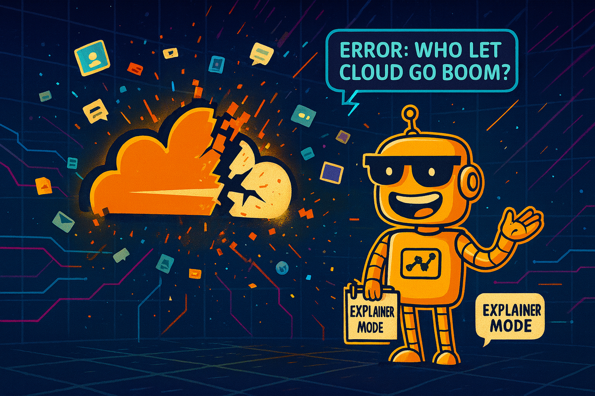 SiliconSnark robot cheerfully explains a cracked, glitching Cloudflare logo exploding with digital debris in a futuristic network grid.