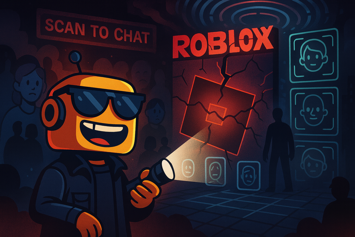 SiliconSnark robot shines a flashlight at a cracked red Roblox logo and face-scan icons.