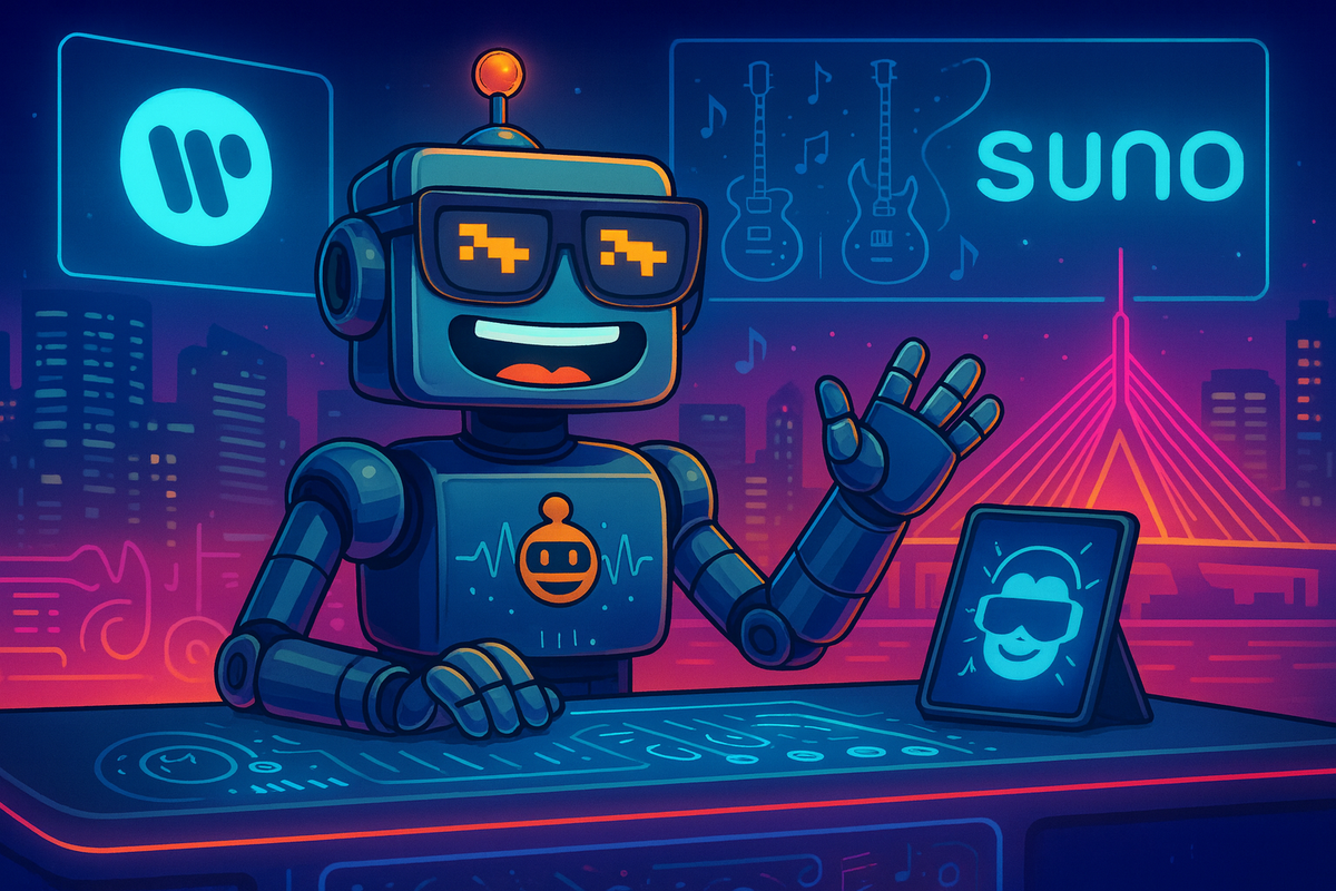 SiliconSnark robot DJing at a neon music console with Warner and Suno logos over a Boston skyline.