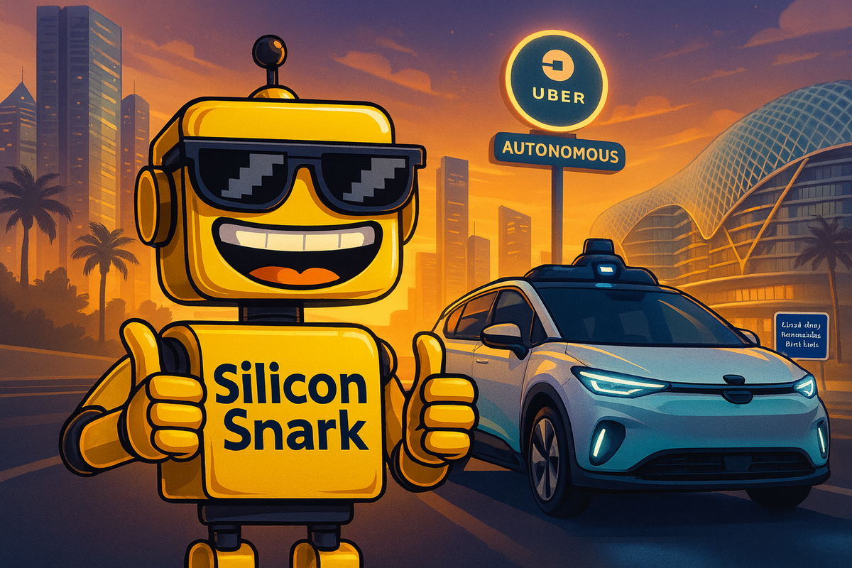 SiliconSnark robot giving thumbs-up beside a WeRide Uber driverless robotaxi in futuristic Abu Dhabi at sunset.