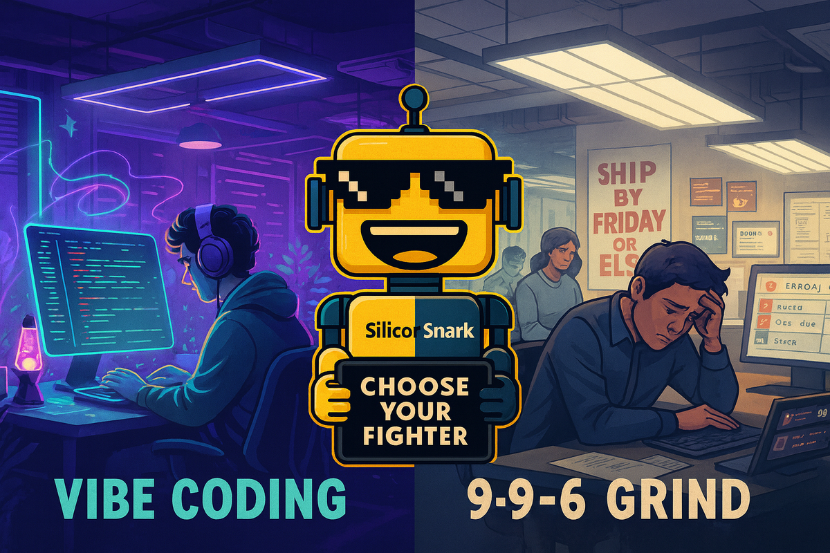 SiliconSnark robot stands between a neon vibe-coding workspace and a stressed 9-9-6 office.