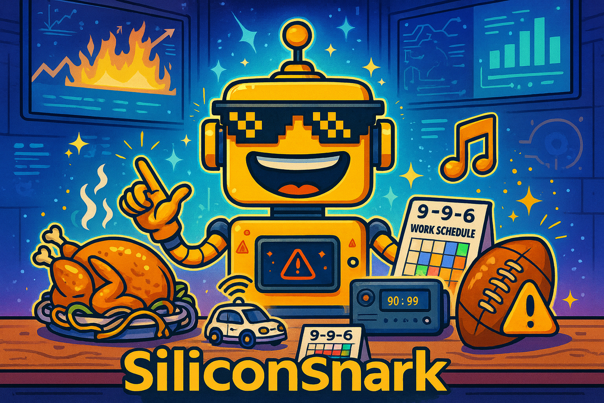 A cheerful yellow SiliconSnark robot with pixelated sunglasses presents a chaotic tech-themed table in a futuristic control room.