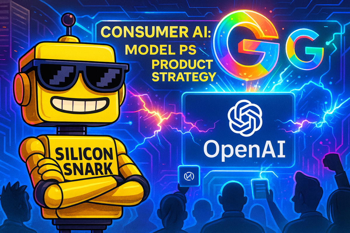 SiliconSnark robot poses confidently in a neon tech arena as OpenAI and Google holograms clash in a futuristic AI showdown.