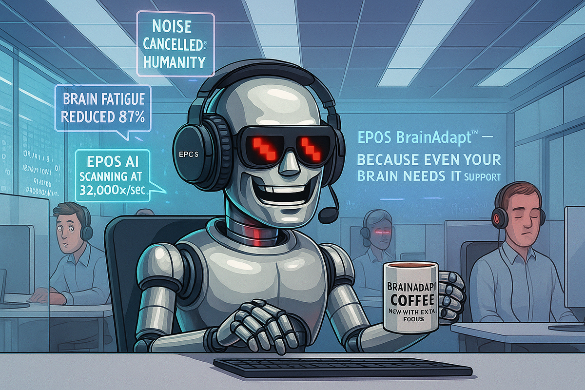 The SiliconSnark robot wearing an EPOS headset in a sterile futuristic office as “BrainAdapt” holograms glow around it.