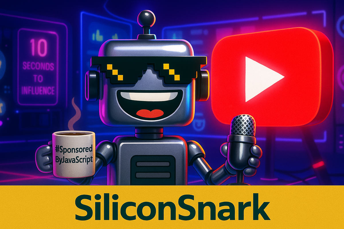 CircuitSmith, the SiliconSnark robot with pixel sunglasses and a big grin, stands in a neon-lit studio holding a microphone and mug in front of a glowing red YouTube play button