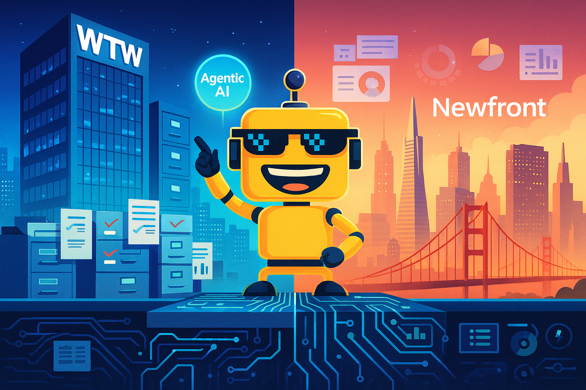 A split-screen illustration showing WTW’s corporate office on the left and Newfront’s San Francisco skyline on the right