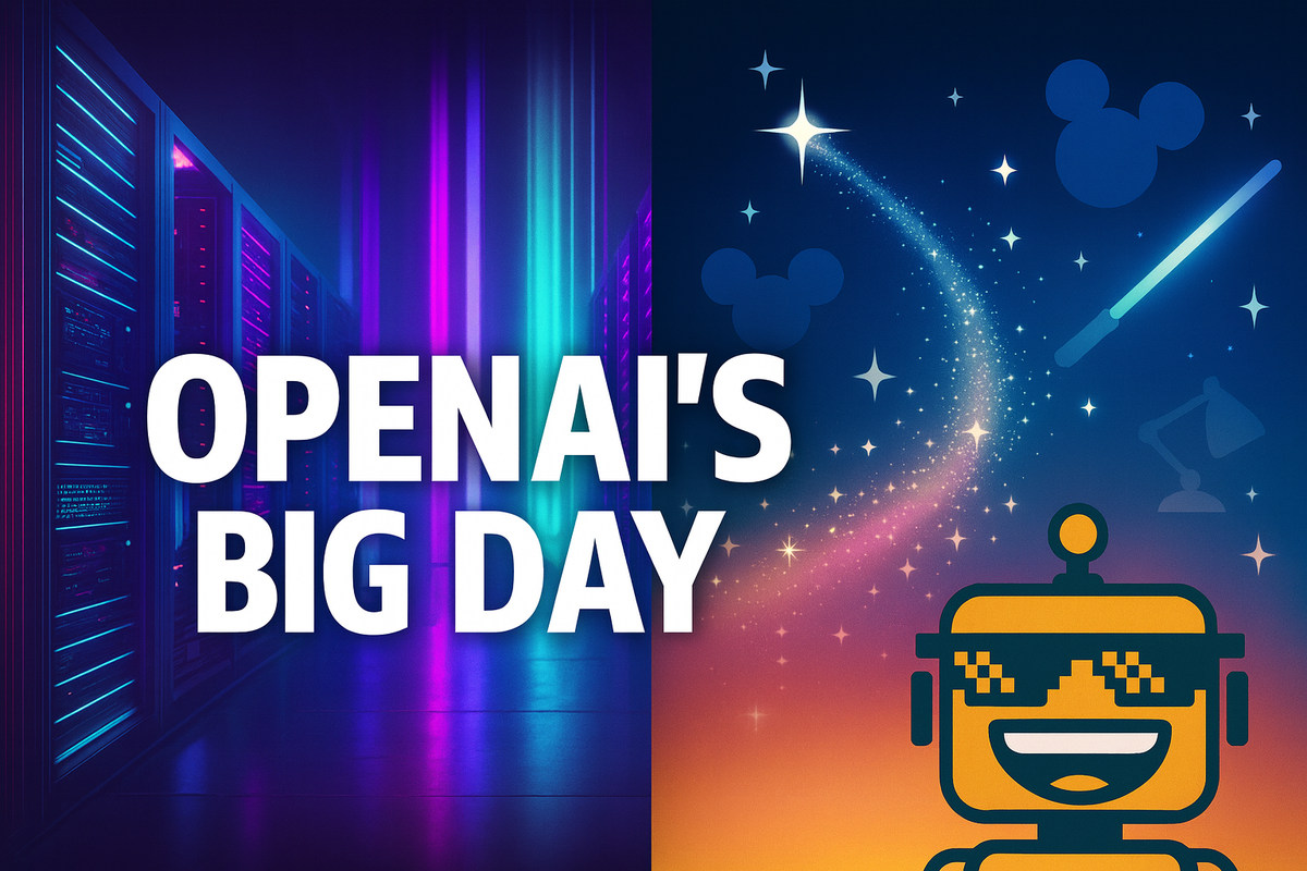 Split-screen image of glowing OpenAI servers and Disney sparkles with a small SiliconSnark robot cameo at the bottom.