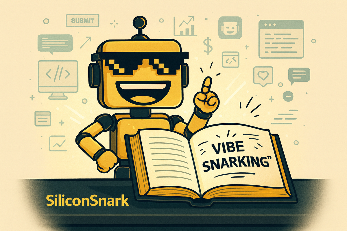 SiliconSnark robot presenting the official definition of “vibe snarking” from an open dictionary in a playful tech satire illustration.