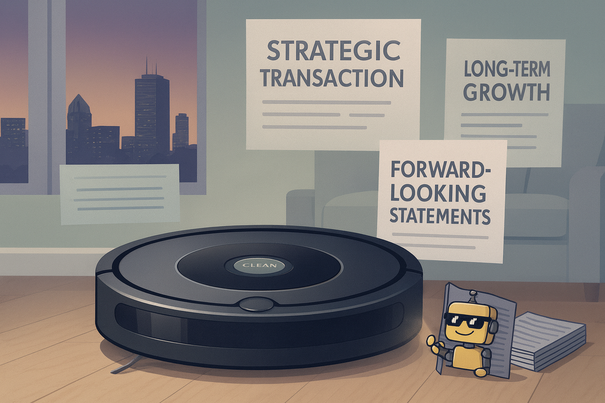 Roomba-style robot surrounded by “strategic transaction” paperwork as the SiliconSnark robot peeks out, judging a quiet Chapter 11 reboot.