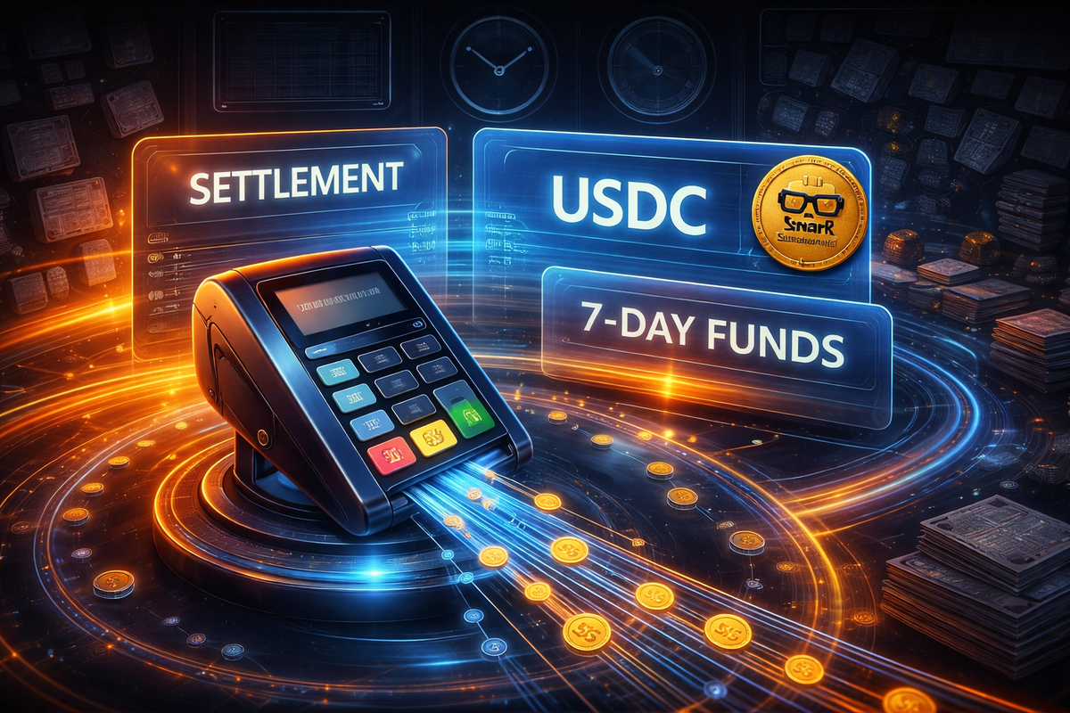 Futuristic payment terminal settling USDC onchain with seven-day funds, featuring a subtle SiliconSnark coin hidden in the interface.