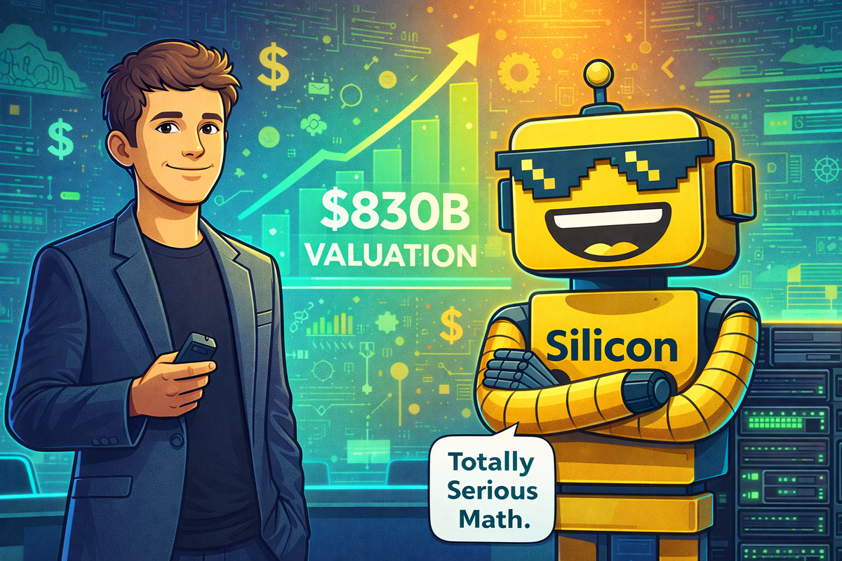 Cartoon Sam Altman presents an $830B valuation while the SiliconSnark robot looks on sarcastically in a futuristic boardroom.