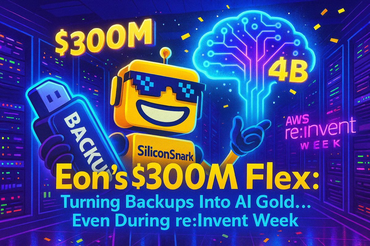 SiliconSnark robot in a neon data center holding a giant backup drive with holographic data rising into an AI cloud