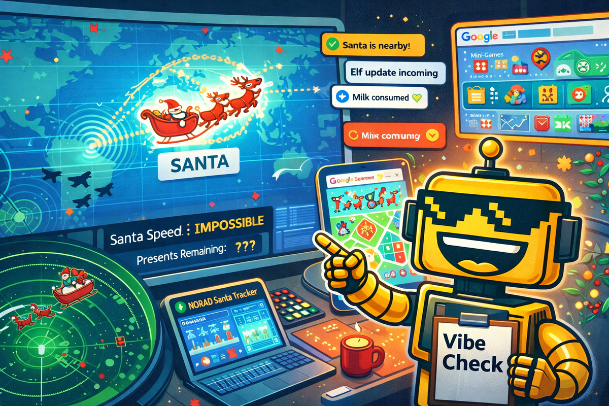 Illustration of Santa being tracked by radar and apps worldwide as the SiliconSnark robot watches the Christmas Eve chaos.