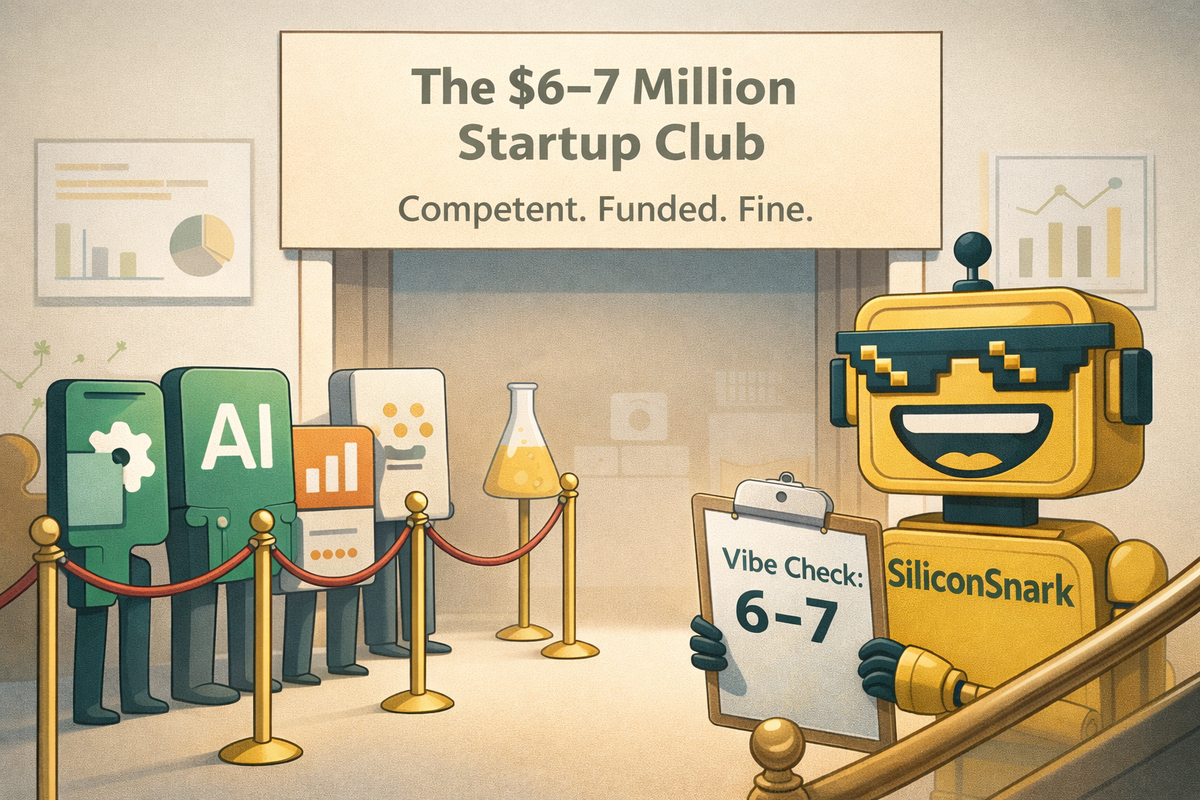 A small SiliconSnark robot checks “6–7” vibes as startups line up outside the $6–7 Million Startup Club.