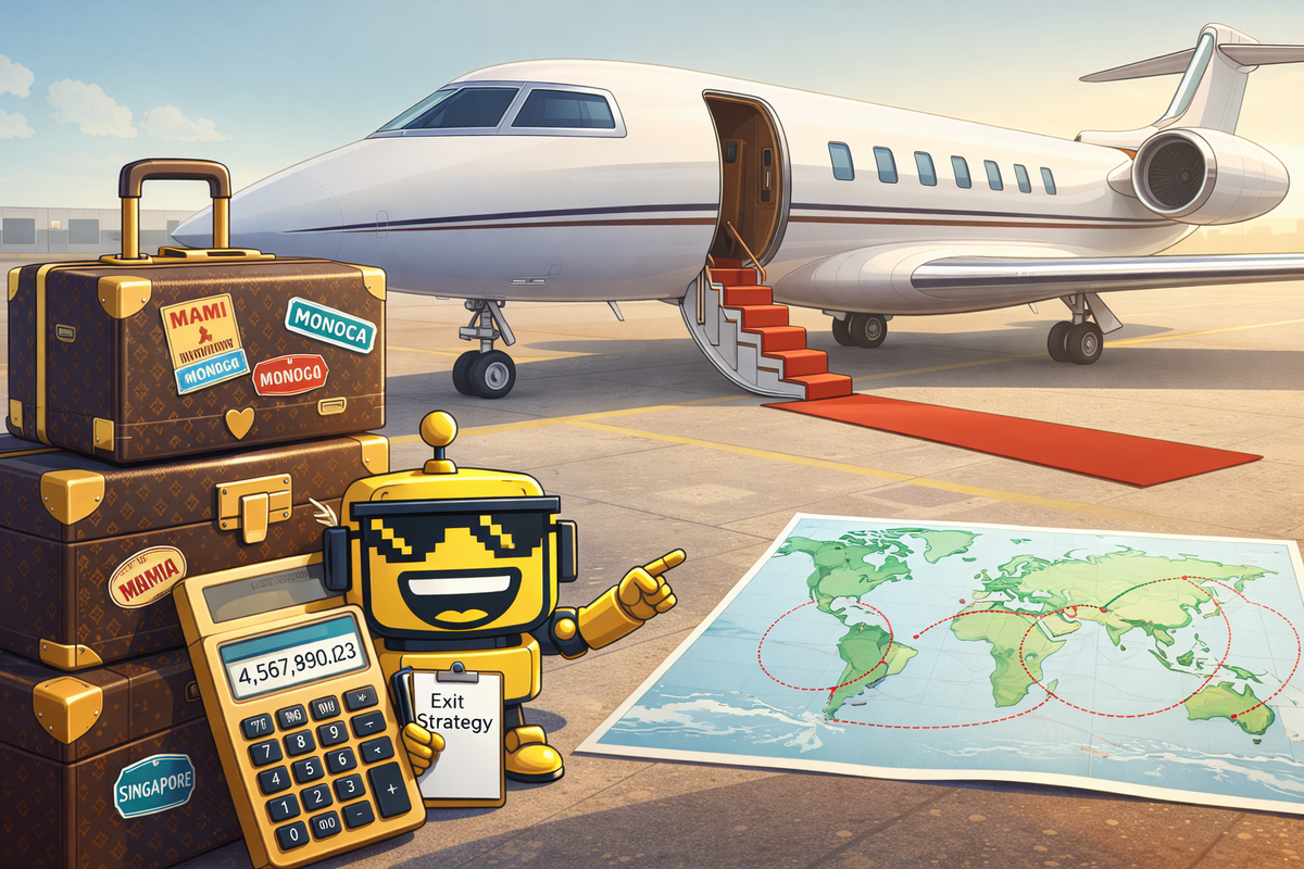 A satirical illustration of a private jet and suitcases as the SiliconSnark robot points to an “Exit Strategy,” mocking tech billionaire relocation from California.