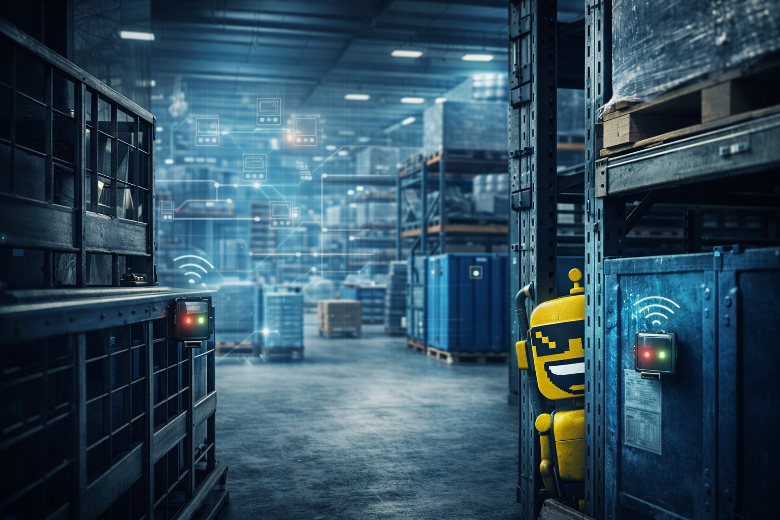 A modern industrial warehouse with ambient IoT sensors on metal crates, as the SiliconSnark robot subtly peeks from behind a shelf, observing real-world asset tracking in action.
