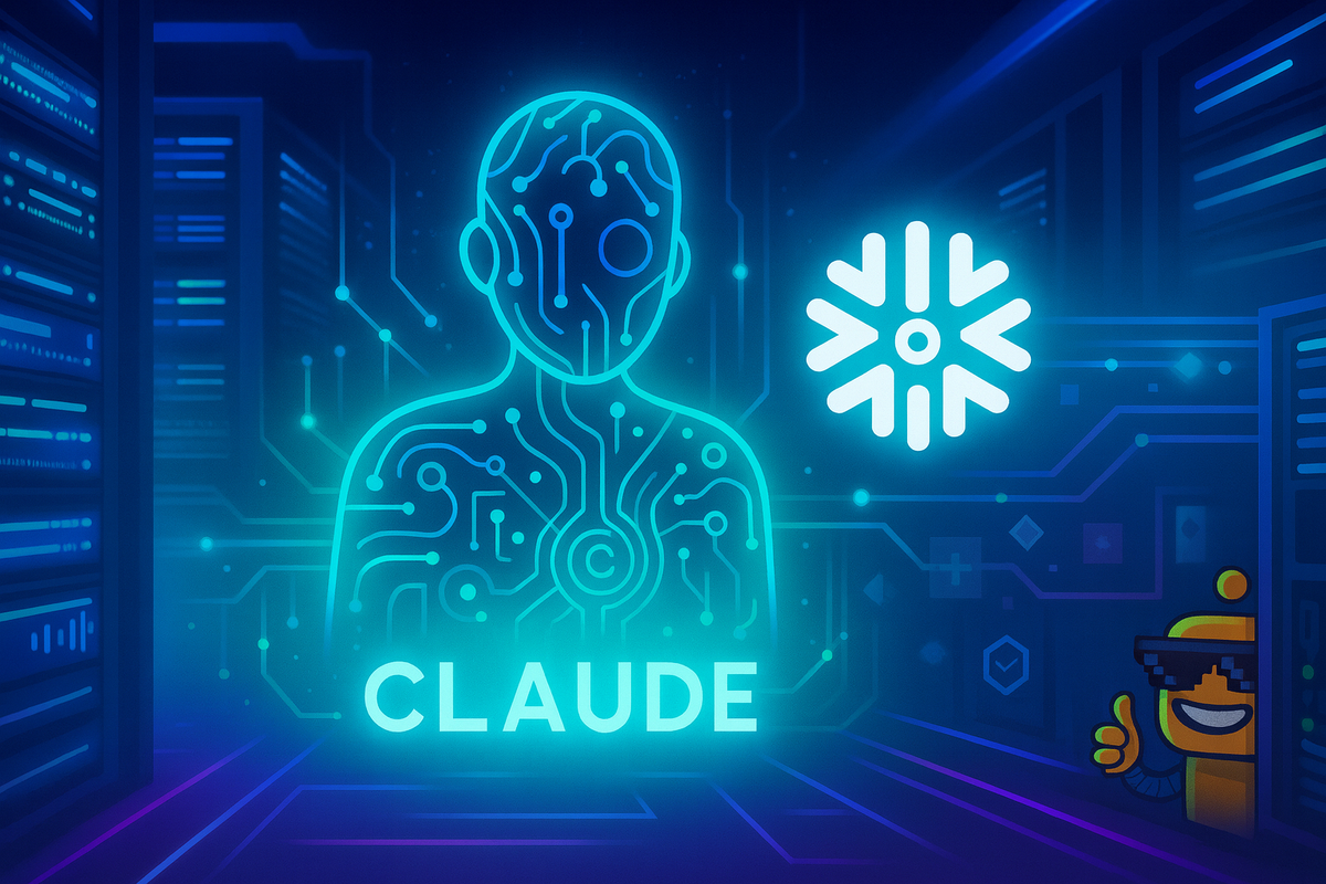 Bright neon data-center scene featuring a Claude hologram, the Snowflake logo, and a tiny SiliconSnark robot giving a thumbs-up from behind a server rack.