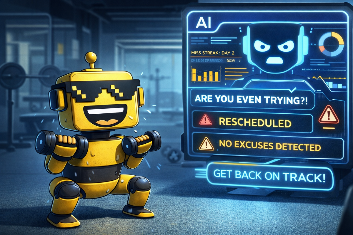 SiliconSnark robot struggling through a workout as a relentless AI yells performance metrics and reschedules its New Year’s fitness goals.