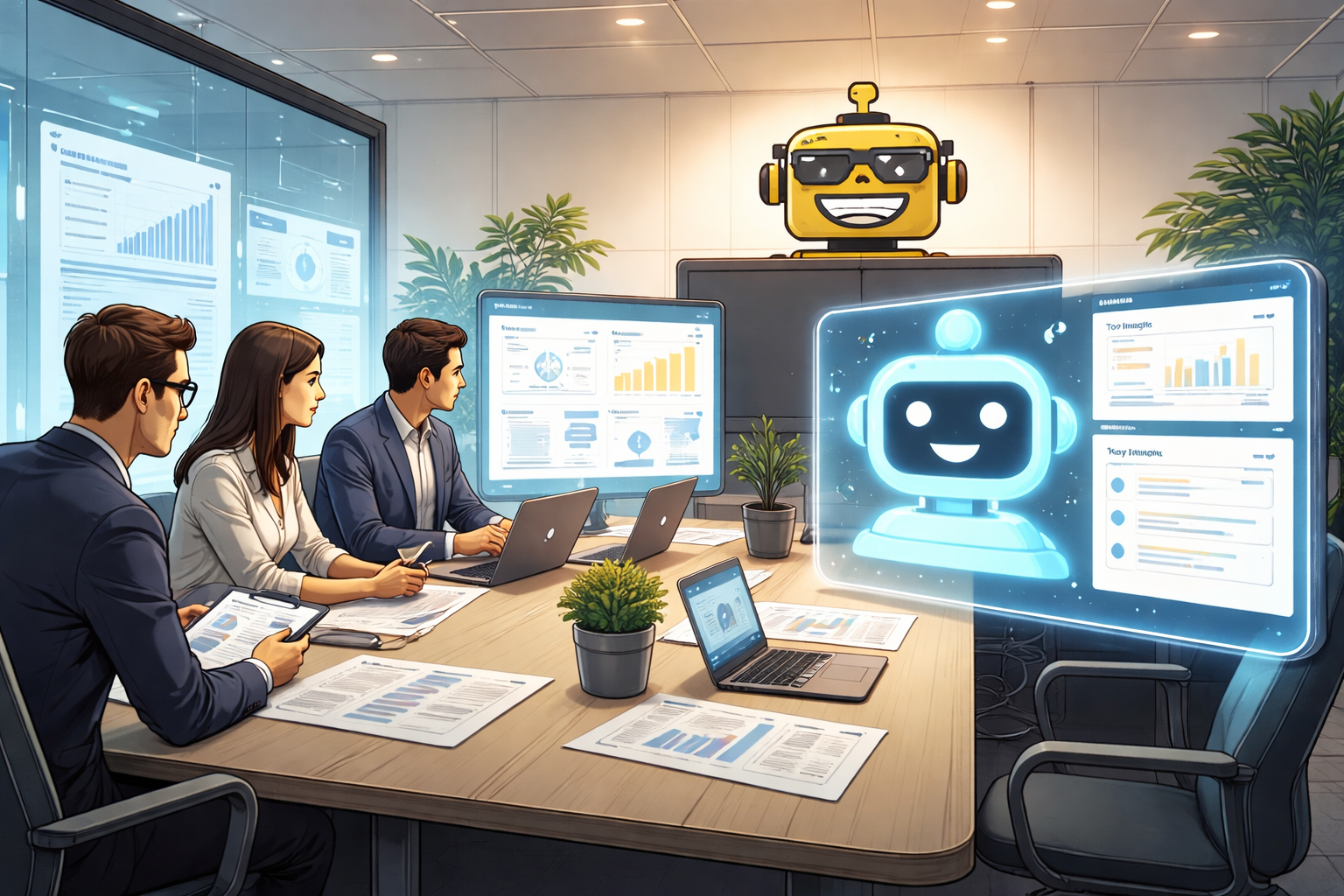 SiliconSnark robot watches skeptically as human researchers debate AI-driven market insights during a modern tech strategy meeting.