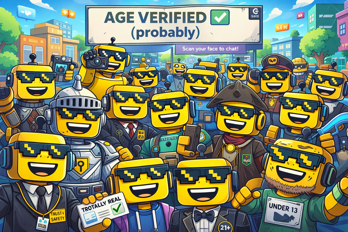 SiliconSnark robots in Roblox-style outfits crowd together under an “Age Verified (probably)” sign, parodying Roblox’s chaotic age verification rollout.