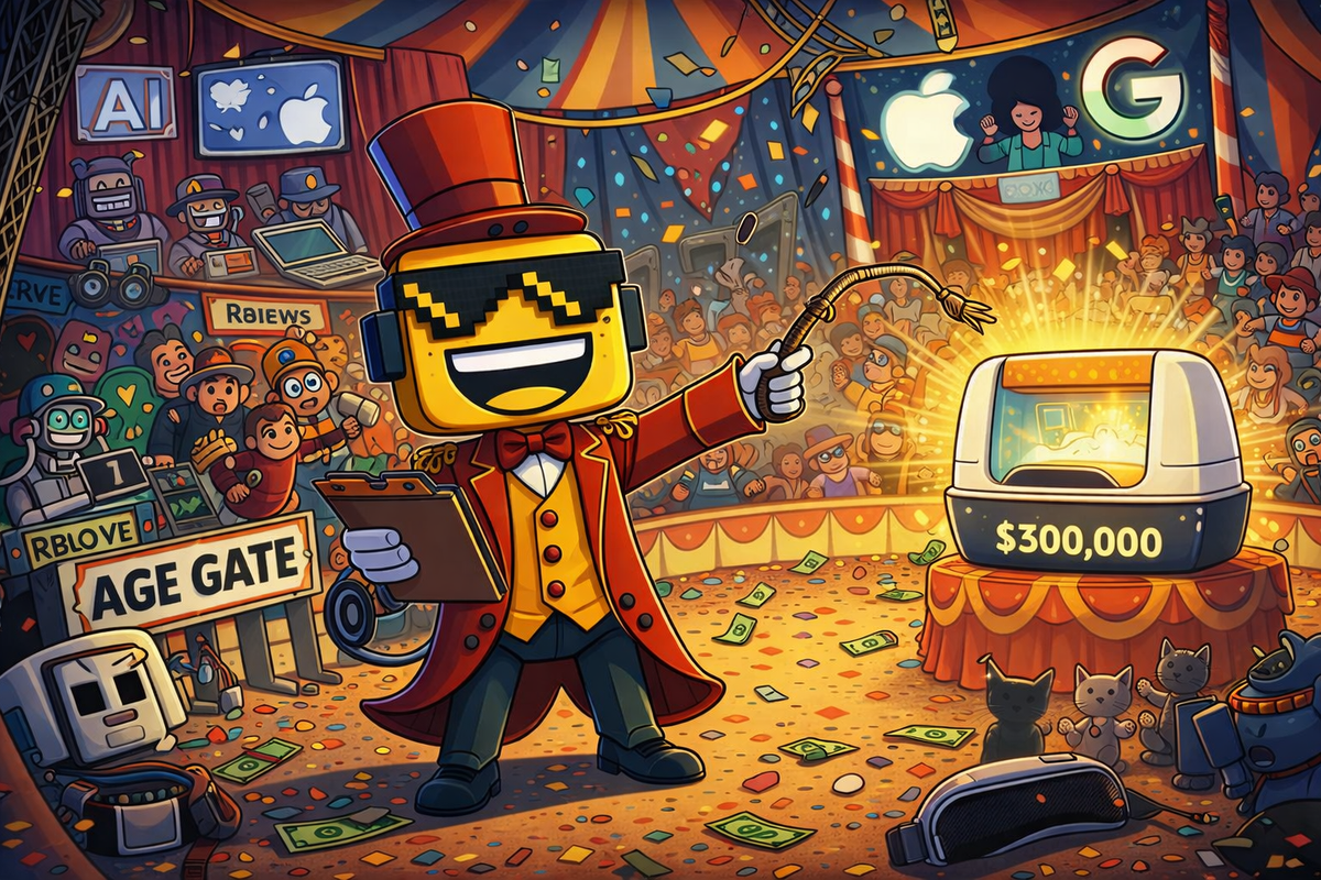 SiliconSnark robot plays ringmaster in a chaotic tech circus of AI hype, Roblox age gates, luxury smart litter boxes, and discarded metaverse dreams.