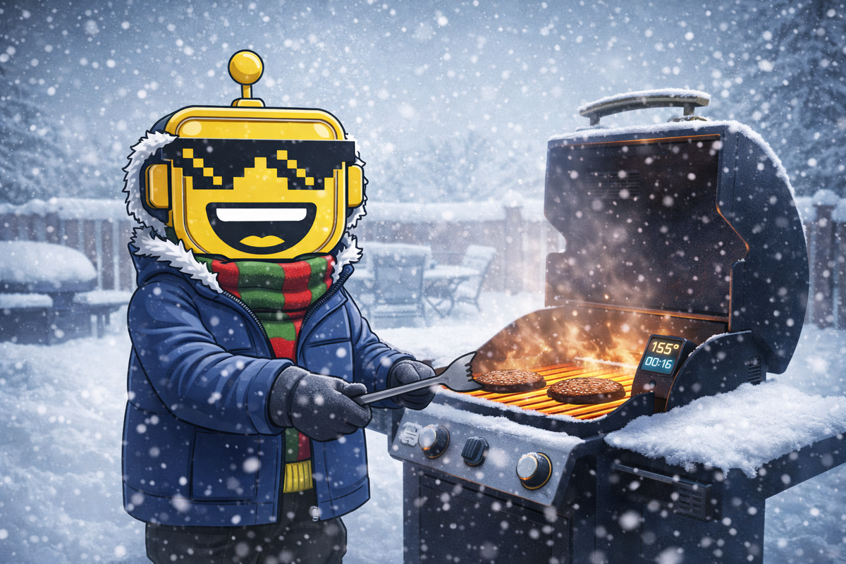 SiliconSnark robot grilling burgers on a smart BBQ during a snowstorm, humorously highlighting Weber’s winter smart grilling launch.