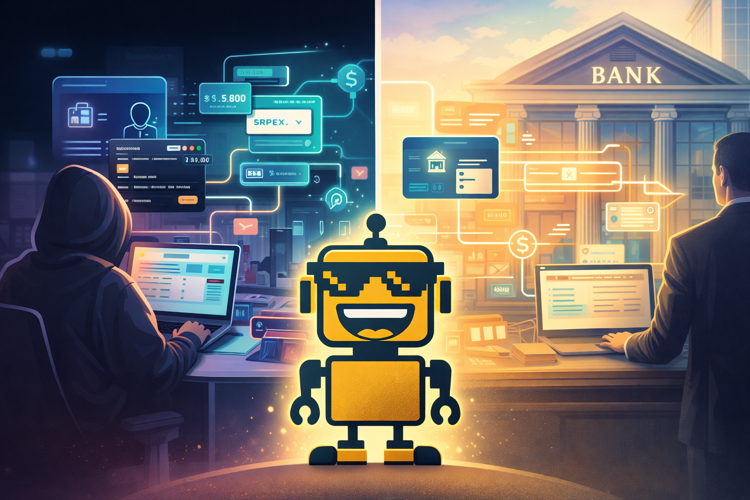 Split-screen illustration of startup fintech and corporate banking worlds colliding, with the SiliconSnark robot watching as digital payments and AI connect both sides.