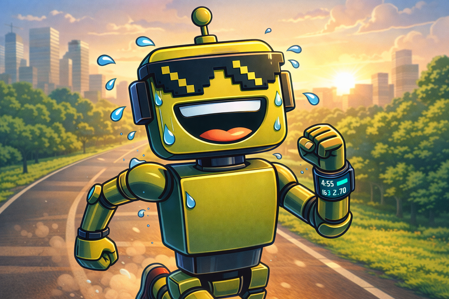 SiliconSnark robot running and sweating while smiling, wearing a smartwatch and jogging along a park path at sunrise.