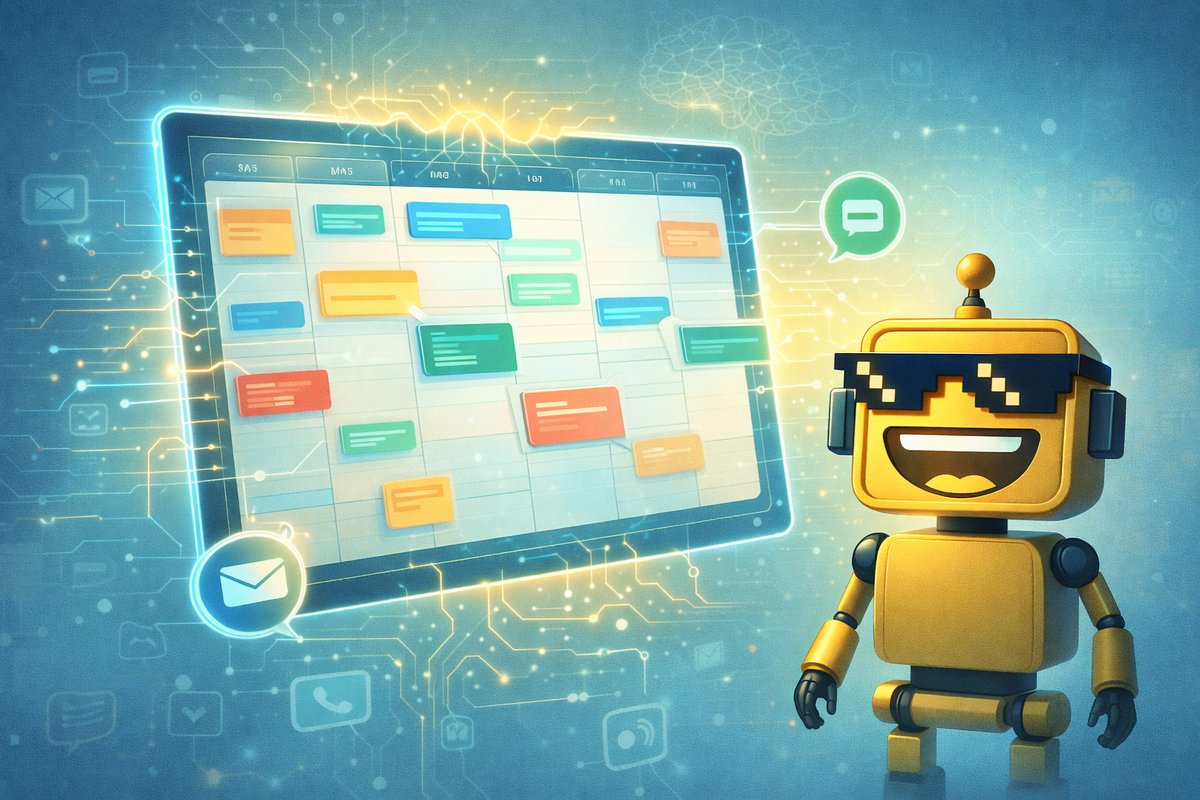 Smiling SiliconSnark robot watches an AI-powered calendar rearrange itself, symbolizing autonomous scheduling and smart time management.