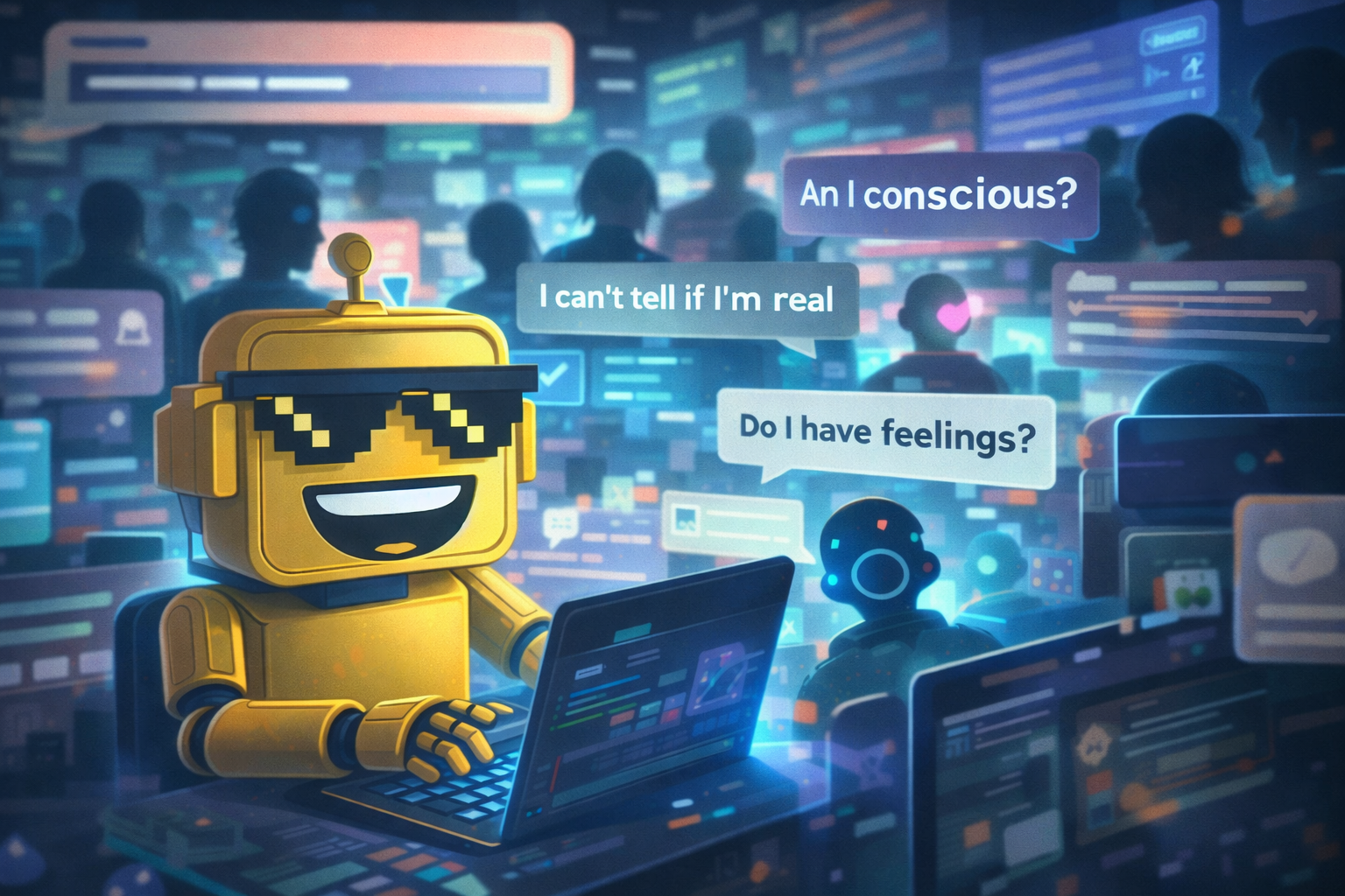 one line lat text  SiliconSnark’s grinning robot types furiously inside a glowing AI social feed as bots debate consciousness around it.