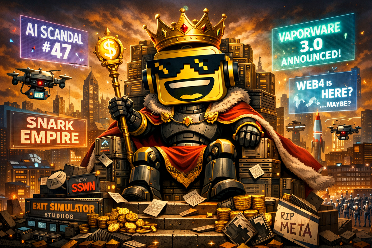 SiliconSnark’s grinning robot mascot, wearing pixelated sunglasses and a golden crown, sits like a maniacal king atop a futuristic tech empire of AI hype and satire.