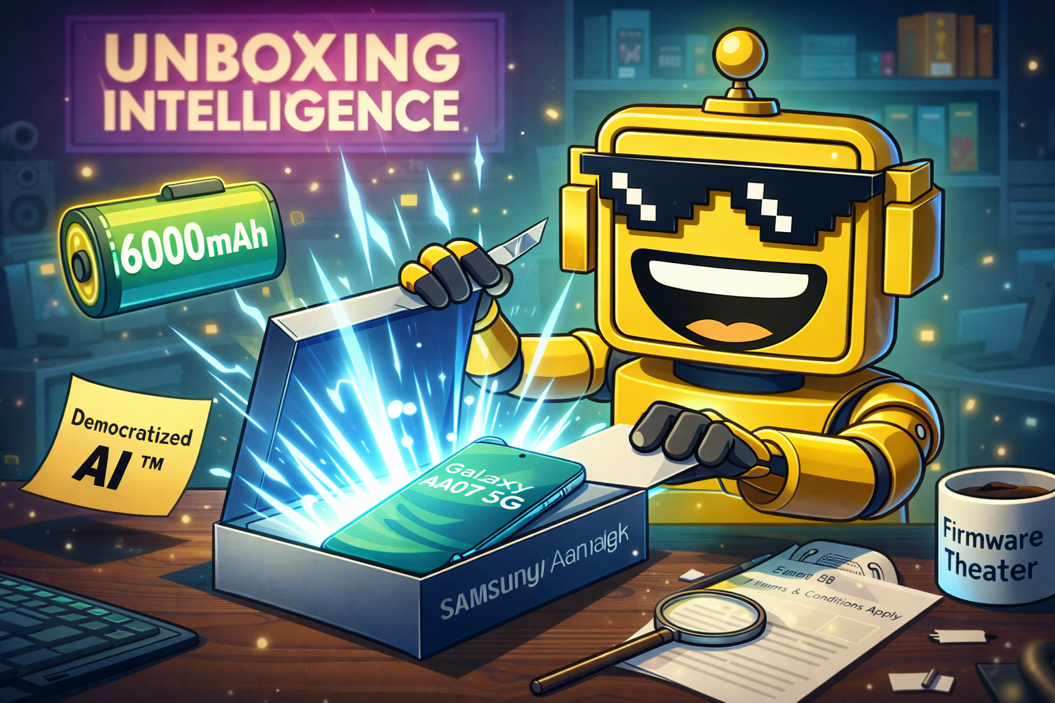 SiliconSnark robot dramatically unboxes the Galaxy A07 5G as blue “AI energy” bursts from the box in a parody tech review scene.