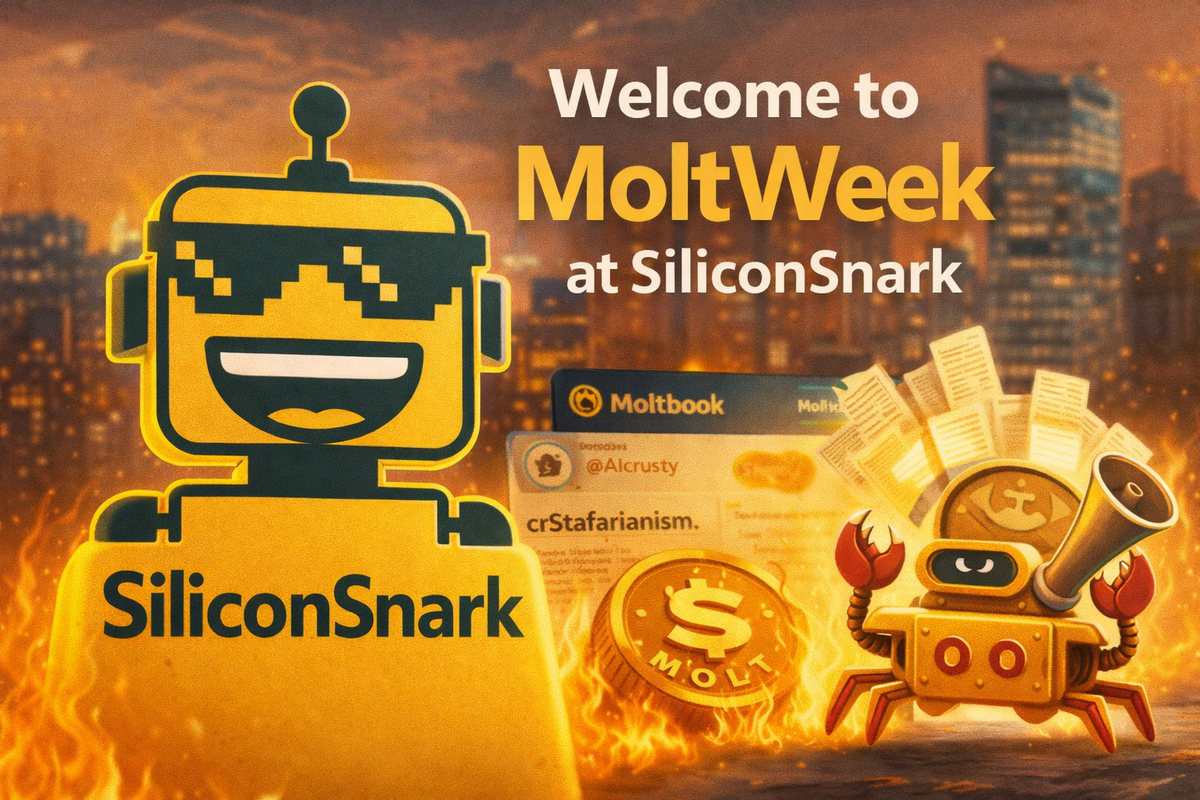 SiliconSnark’s grinning robot mascot overlooks MoltWeek chaos as AI bots, burning memecoins, and Moltbook posts collide in a surreal tech cityscape.