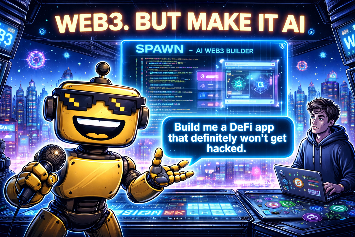 SiliconSnark’s yellow robot grins in a neon Web3 lab while prompting an AI to build a DeFi app as a nervous developer watches.