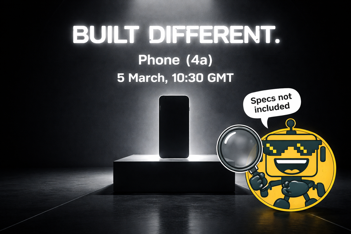 Minimalist stage teaser for Nothing Phone (4a) with shadowy handset silhouette and SiliconSnark robot holding a magnifying glass saying “Specs not included.”