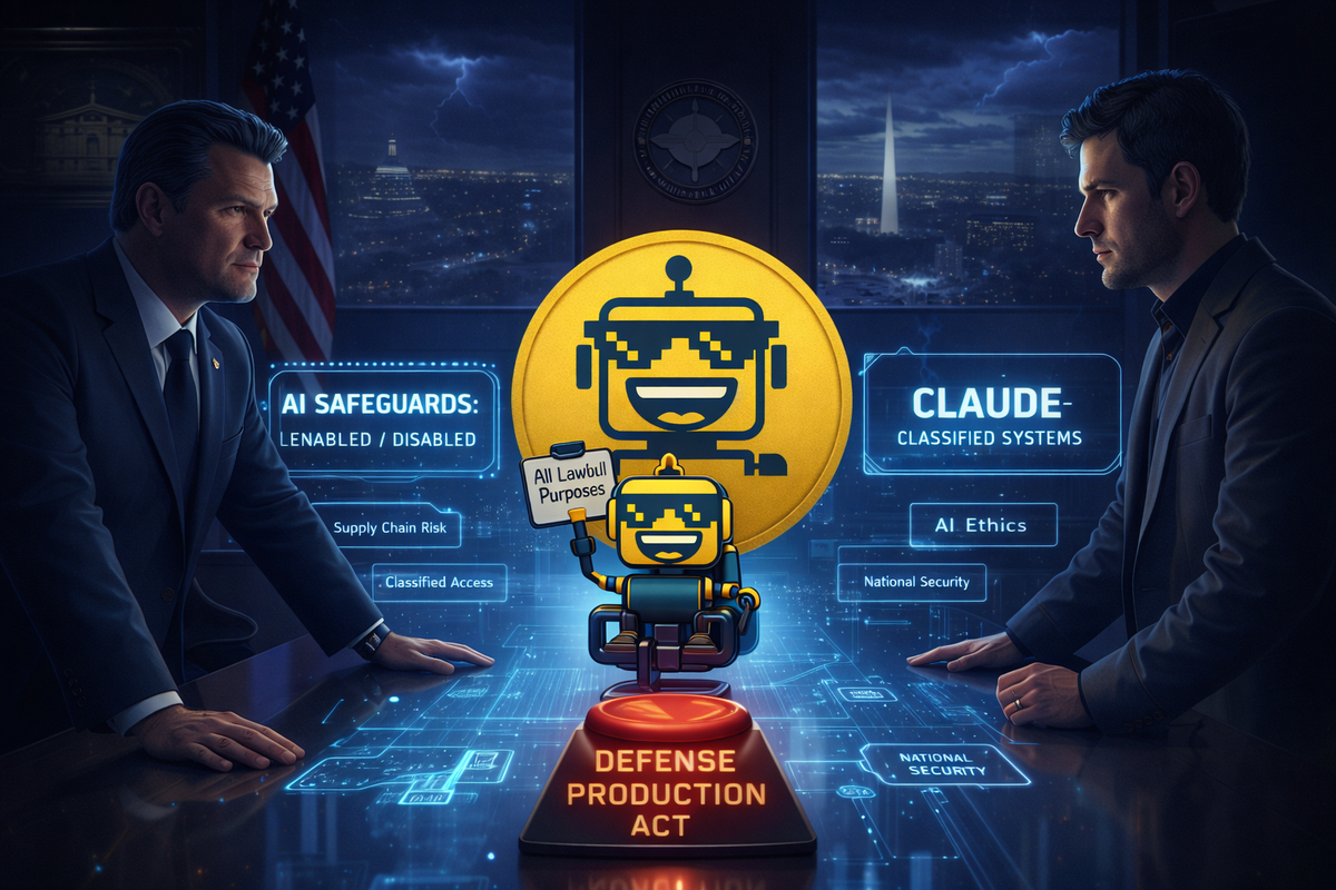 SiliconSnark robot moderates a tense Pentagon standoff over AI safeguards and the Defense Production Act.