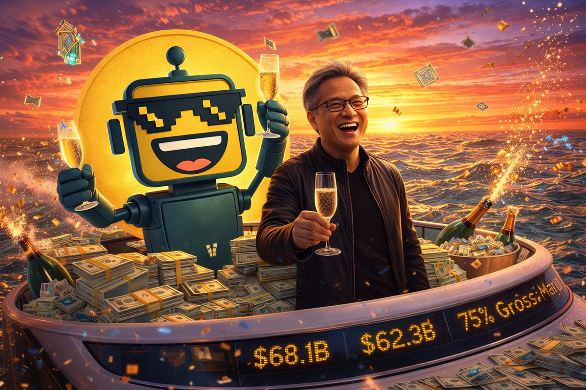 SiliconSnark robot and Jensen Huang toast champagne on a yacht floating through a sea of cash with NVIDIA earnings glowing at sunset.