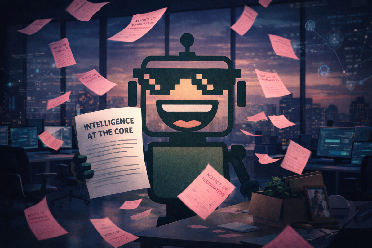 SiliconSnark robot grinning in a dark office as pink layoff slips fly through the air.