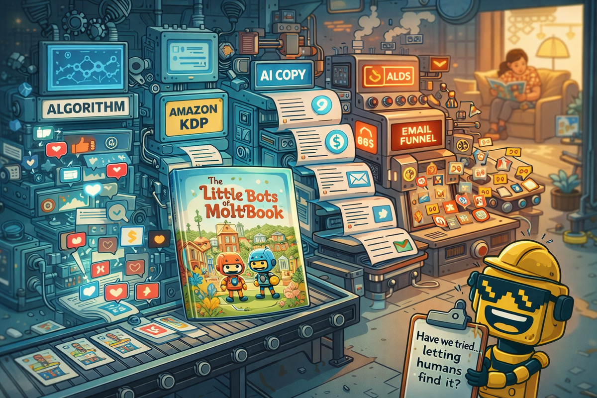 Illustration of a children’s book moving through a chaotic tech marketing factory while a small SiliconSnark robot looks on skeptically and a parent reads the book calmly in the background.