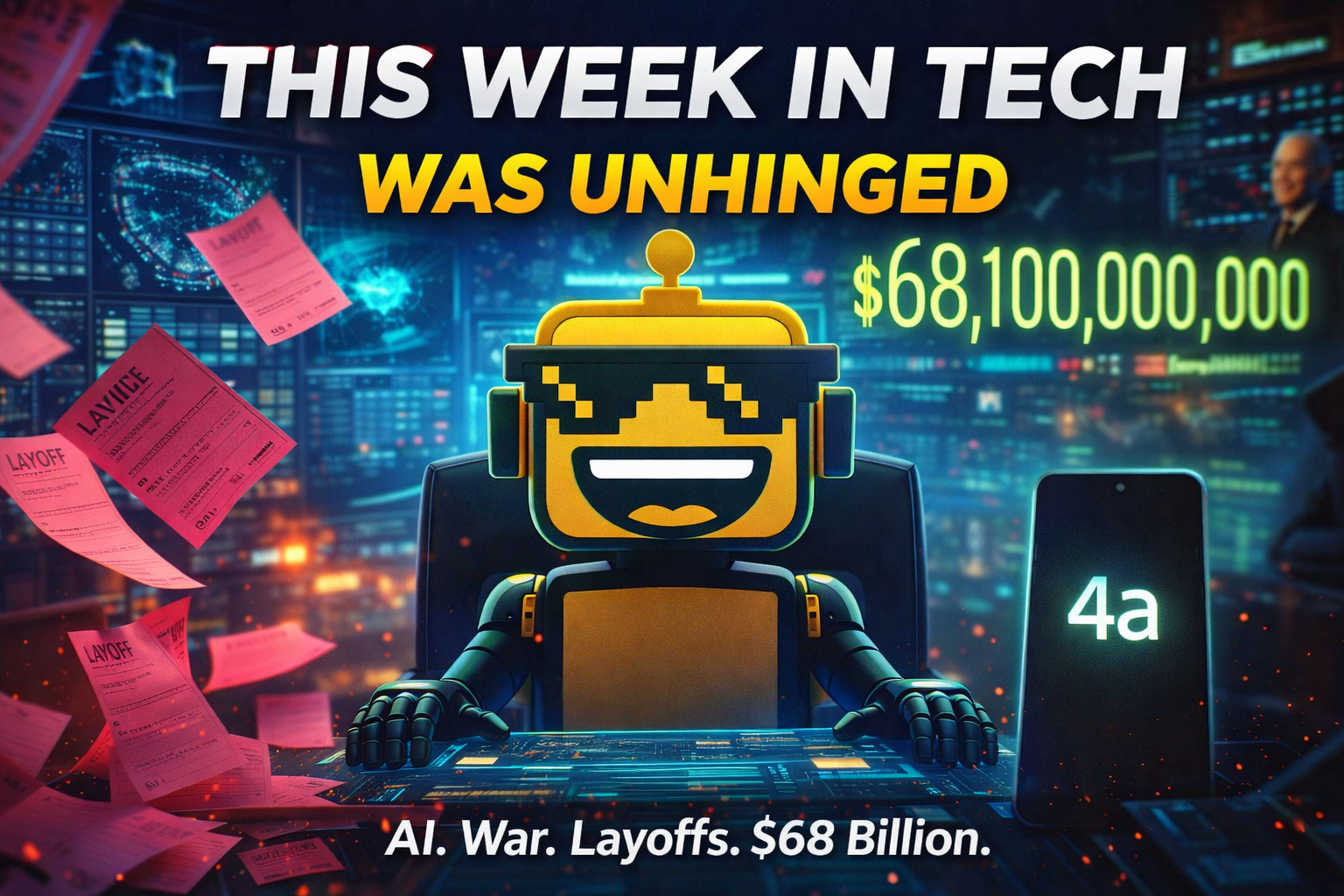 SiliconSnark robot in a Pentagon-style command center surrounded by flying pink layoff slips, a glowing $68B revenue number, and a minimalist “4a” phone teaser. 